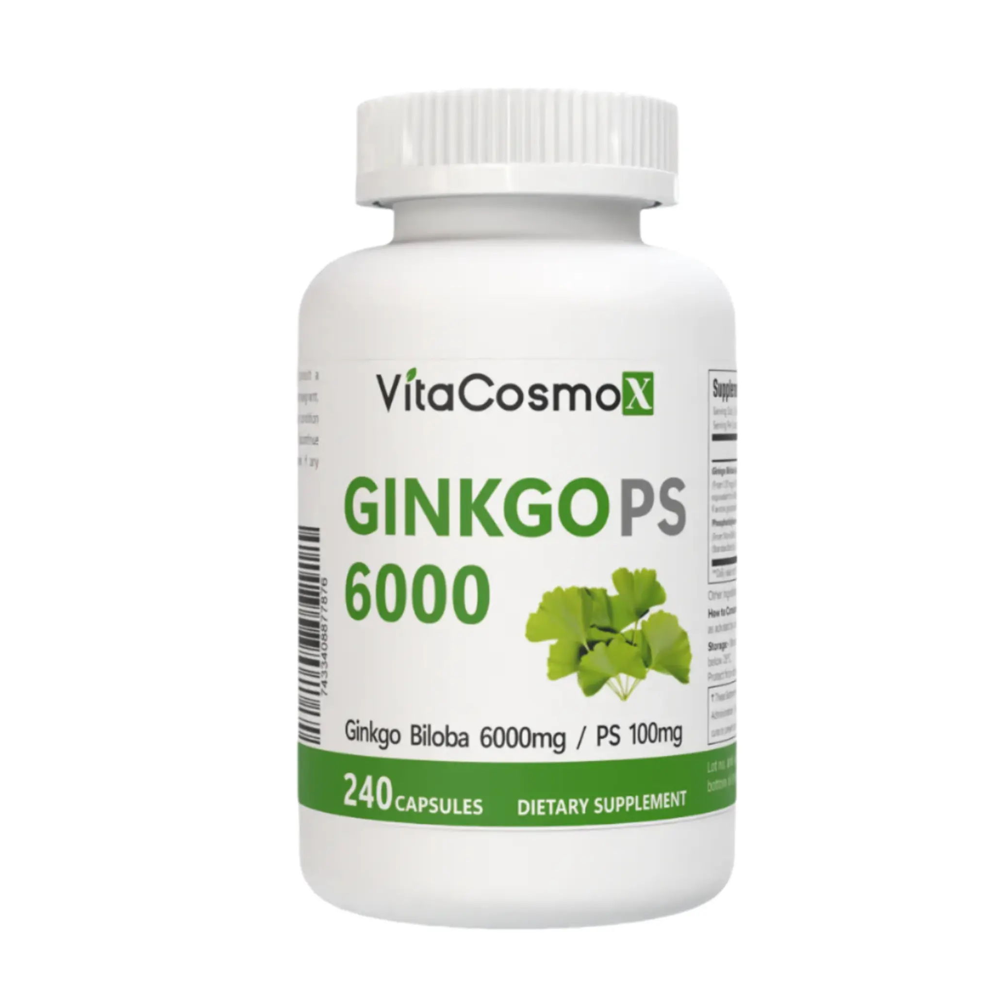 VitaCosmoX Ginkgo Biloba + Phosphatidylserine Complex 6000mg -240 Vegan Capsules | Plant Based Daily Supplement for Healthcare Fitness