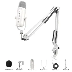 HAOMUREN USB Powered Condenser Microphone with Adjustable Cantilever Stand, Plug & Play Microphone with Knob & Monitoring Jack, Suitable for Streaming, Podcasting, Recording Set, Singing Mic