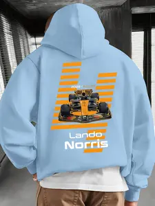 Men's Casual Printed Hoodie, Unisex Fitted Pullover, Mclaren Racing Print, Adjustable Drawstring, Front Pocket, Street Style
