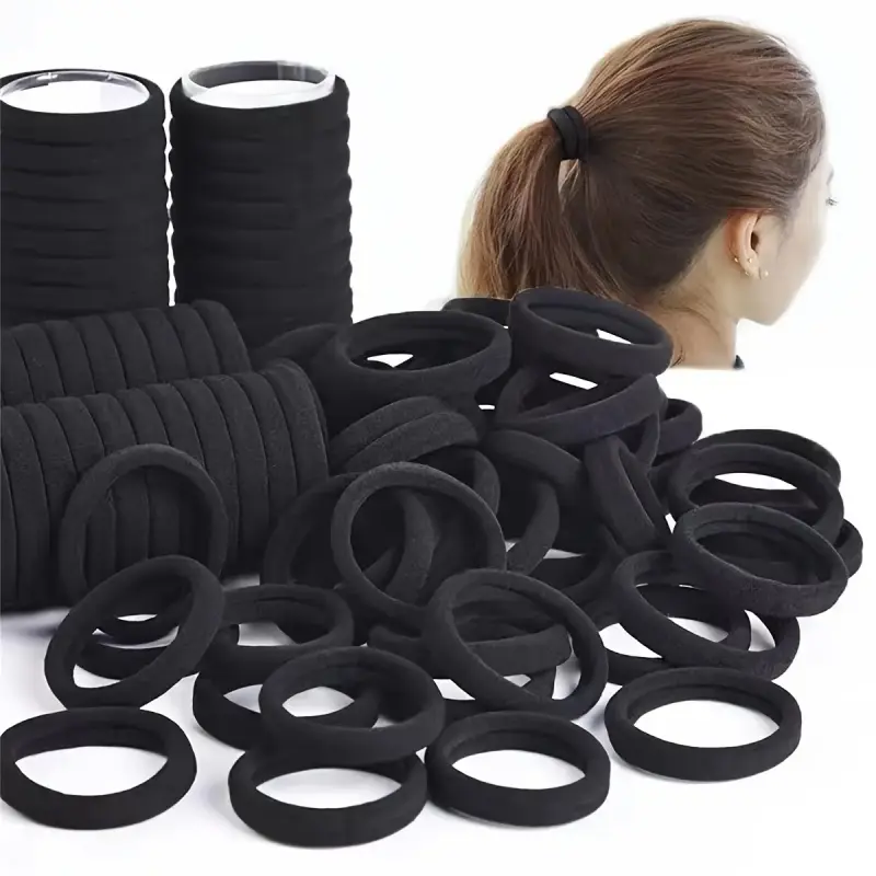100Pcs Seamless Black Hair Ties for Women Soft Elastic Hair Ropes Thick Ponytail Holders Secure Hold for Medium to Thick