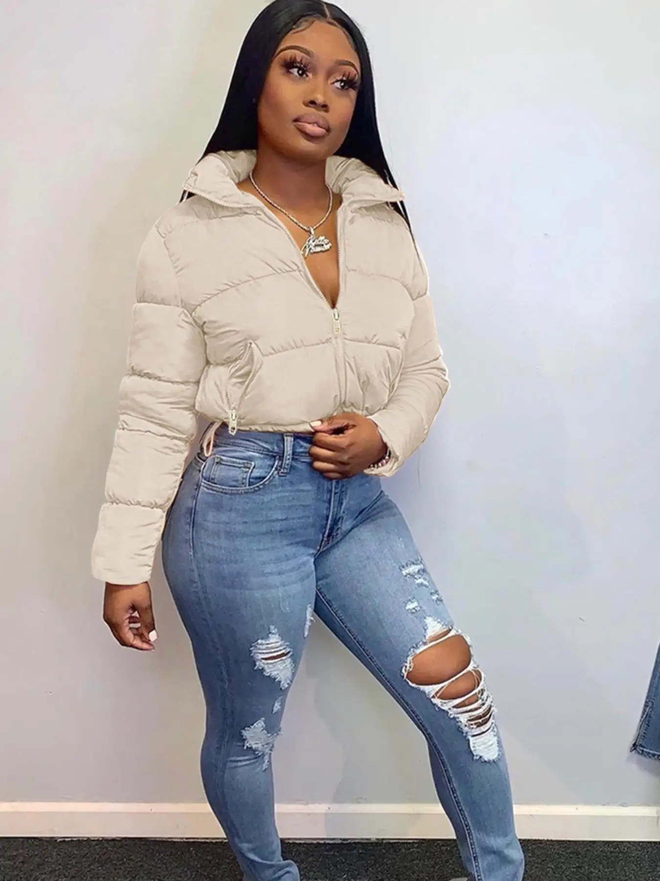 Women's Plain Pocket Full Cropped Winter Coat, Warm Comfy Long Sleeve Zipper Puffer Coat for Fall & Winter, for Daily Streetwear, Winter Clothes Women