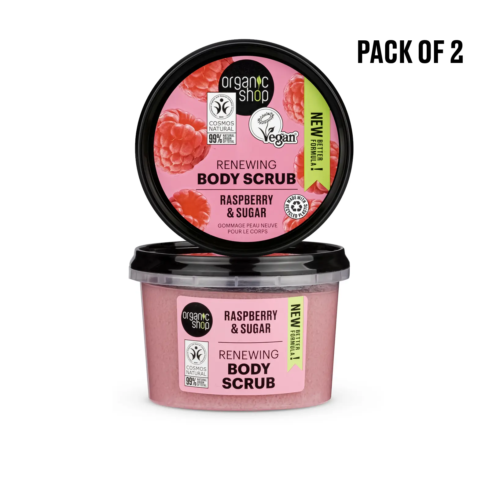 Organic Shop Raspberry & Sugar, Renewing & Exfoliating Body Scrub, 100% Vegan & Organic, Daily Exfoliant, Detox & Moisturizer, Body, Face, Hand & Foot, Intensive Care & Skin Toning. 250ml. Pack of 2