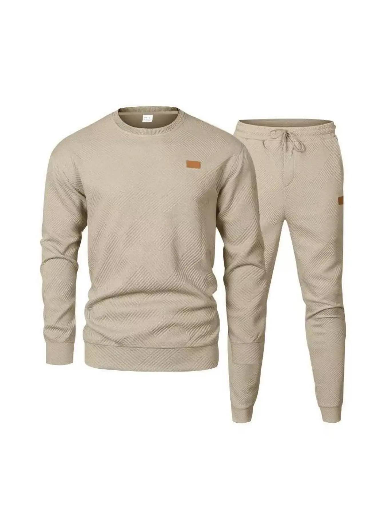fall outfits Men's casual sportswear thickened sweatshirt set, textured round-neck sweatshirt + tapered sweatpants, leather label design, simple, versatile and trendy two-piece set, Casual activewear set, Casual Tracksuits, Casual Sporty Set