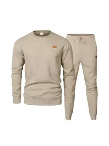 fall outfits Men's casual sportswear thickened sweatshirt set, textured round-neck sweatshirt + tapered sweatpants, leather label design, simple, versatile and trendy two-piece set, Textured Sweatsuit, Sweatsuit Sets