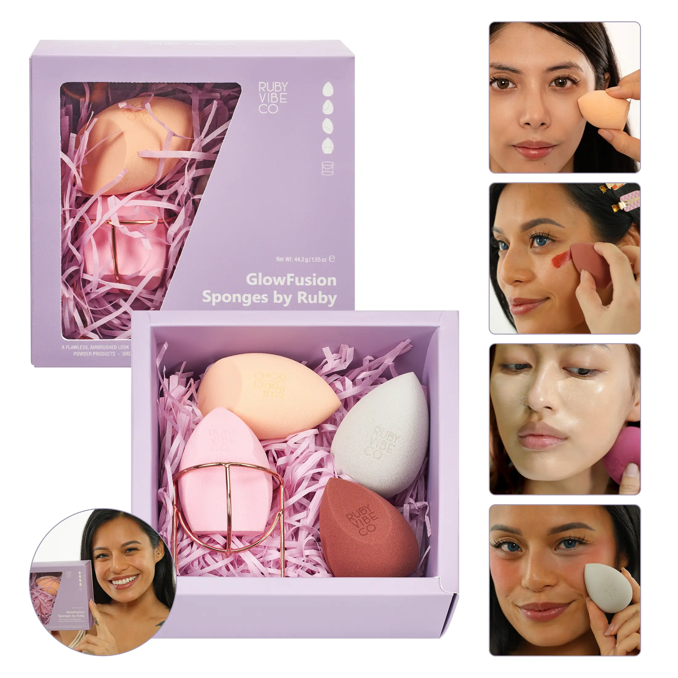 RUBY VIBE CO 4-Piece Blender Sponge with Holder, Latex-Free Makeup Sponges for Foundation, Crystal Velvet Makeup Blender for Wet & Dry Use, Foundation Sponge for Concealer, Blush, Contour & Powder