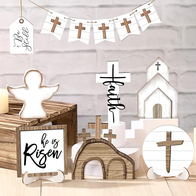 Easter Tiered Tray Decor Wooden Signs Set (No Tray), Rustic Bunny Egg Carrot Jesus Cross Risen Ornaments Cute Durable Layered Tray Signs for Mantel Shelf Table Kitchen Display, Spring Home Easter Decor Christian Family Religious Party Gifts, Date Suppiles