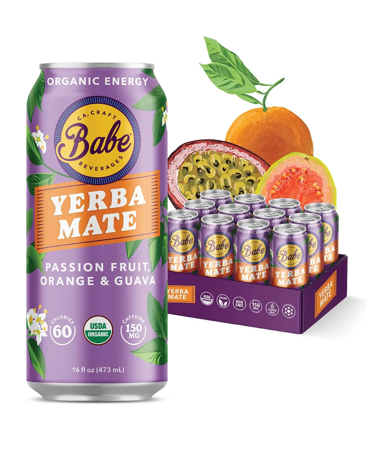 Babe Beverages Organic Yerba Mate Energy Drink Passion Fruit Orange & Guava 150mg Caffeine