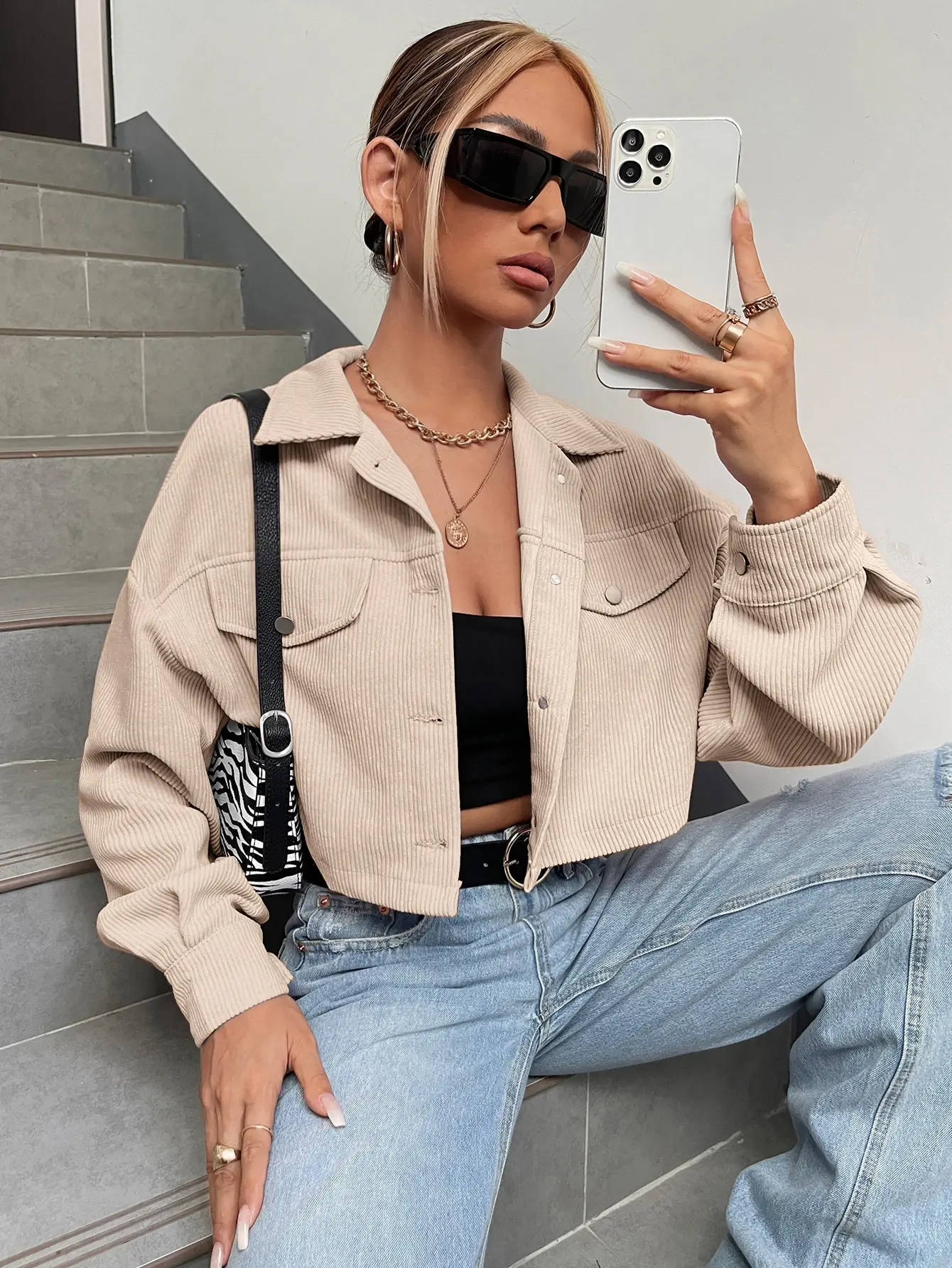 NBH Women's Oversized Drop-Shoulder Crop Corduroy Jacket - Long Sleeve, Flap Detail Pockets, Button-Up, Casual Streetwear Tops & Coats for Spring Fall Winter