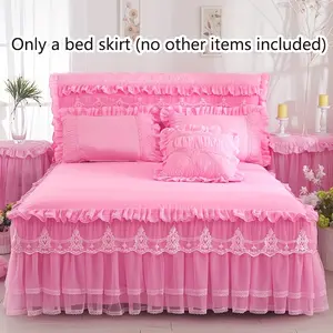 Princess Lace Bed Skirt - Water-Washed Cotton Bedding Accessory with Delicate Lace Trim, Ruffled Hem, Machine-Washable Snug-Fit Design, All-Season Use, Included Pillowcases, Bedroom Decor, Bedding Accessories
