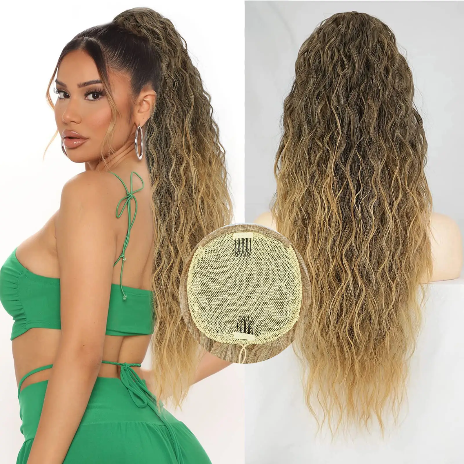 AISI QUEENS FallFreshness 20/26/30 Inch Long Drawstring Ombre Brown Blonde Synthetic Long Curly Wavy Clip in Ponytail Hair Extensions for Women Daily