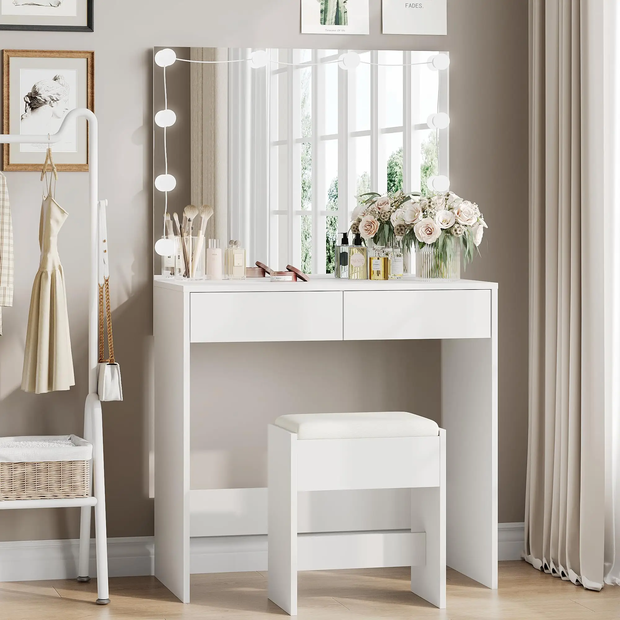 Linor 31.5" Vanity Desk with Mirror and Lights, White Makeup Vanity Desk with Lights, Easily Assembled 3 Color Lighting Mode Makeup Vanity for Women