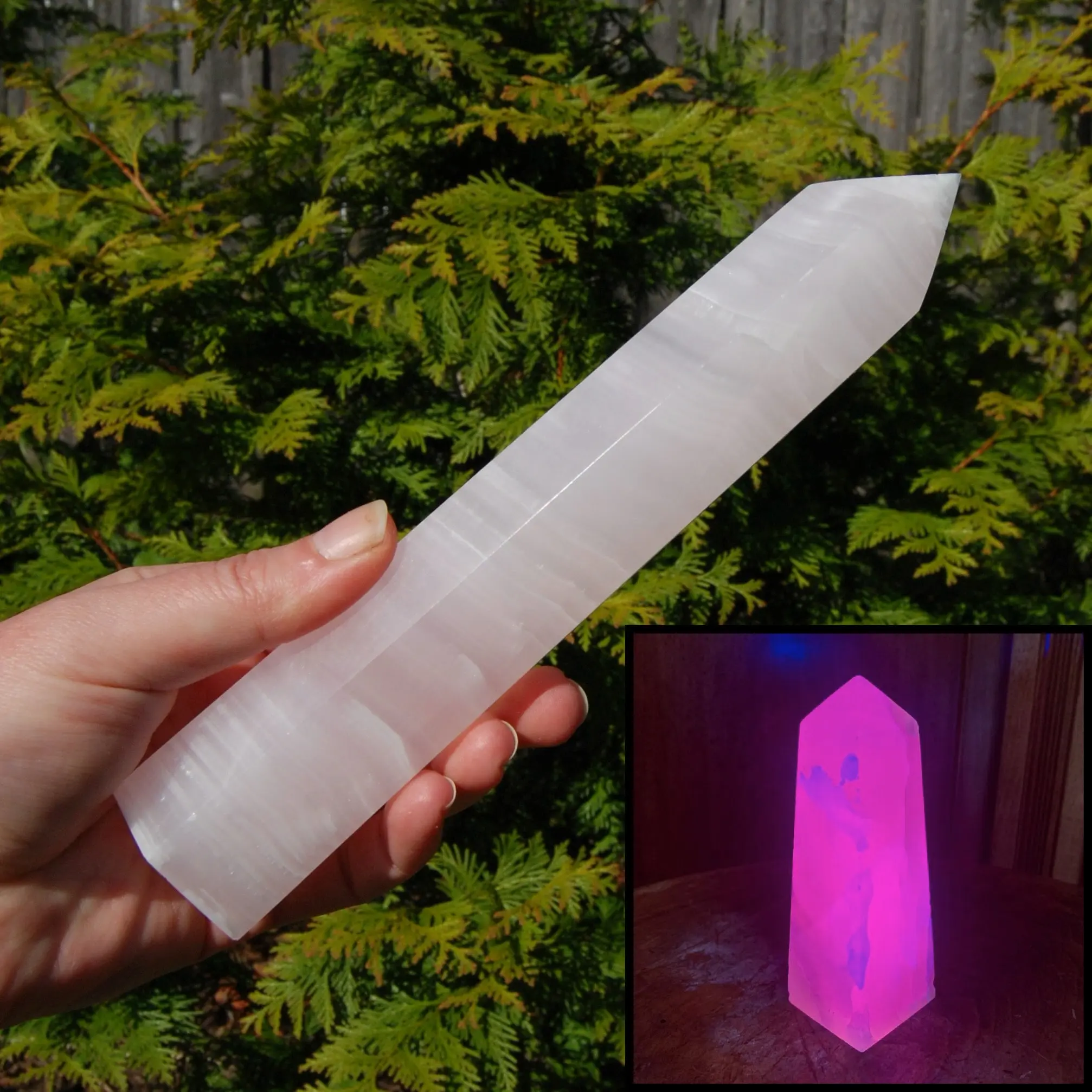 XL 8.25in Pink Mangano Calcite Crystal Tower, Reiki Stone, Fluorescent UV Reactive