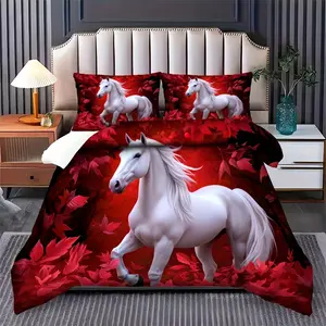 2/3 Piece Set Comfortable Red Leaf White Horse Print Elegant Classic Luxury Design Theme Pattern Bedding Set Digital Print Duvet Cover Set Zipper Design Machine Washable (1 Duvet Cover + 1/2 Pillowcase, No Filling)
