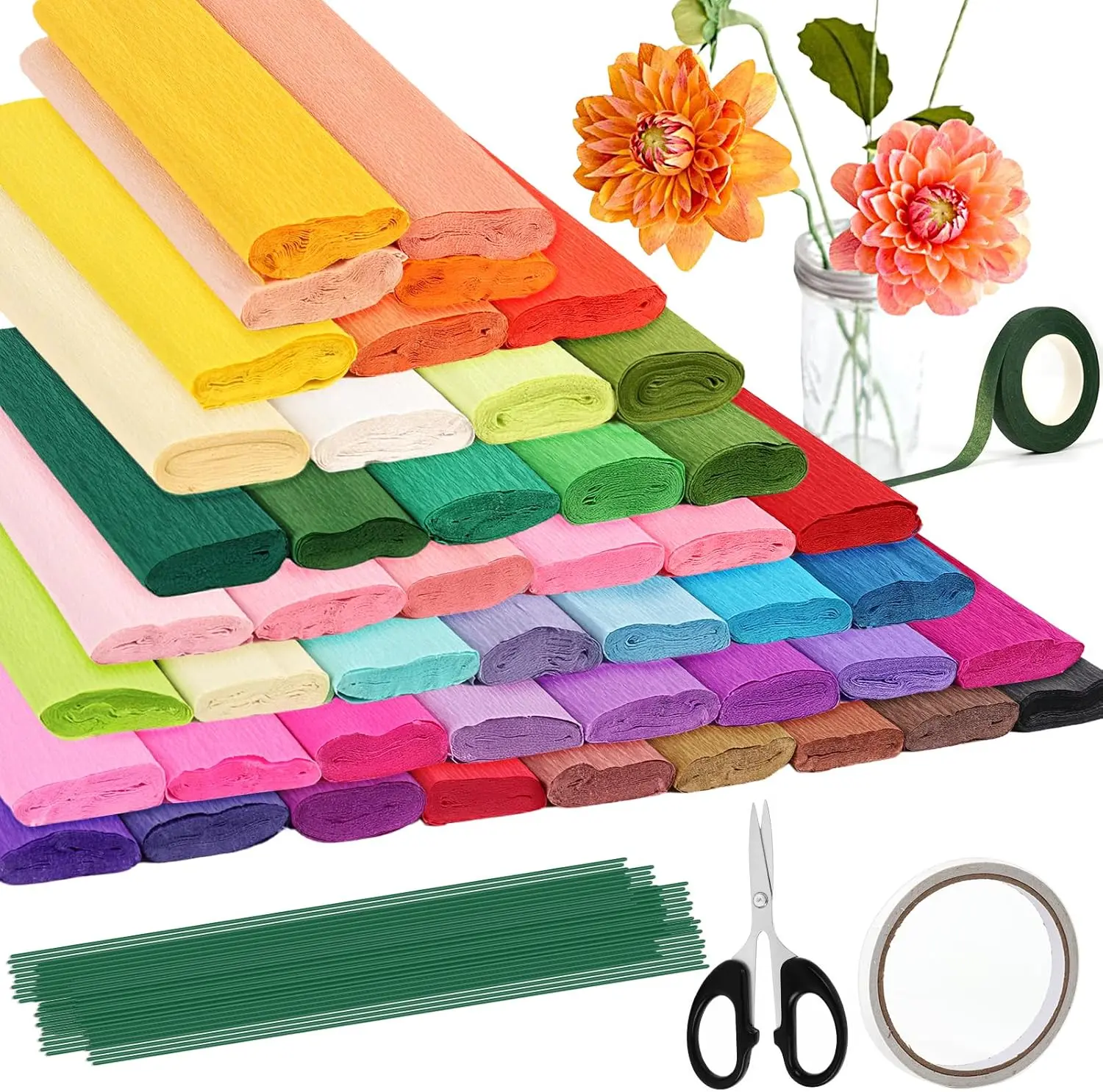 46 Colors Crepe Paper Rolls, 10 x 98 Inch Wide Crepe Paper  Kit with 100 count Floral Iron Wire, Floral Band, Double-Sided Tape, and  for DIY Gifts, Parties, Weddings, Festival Decoration