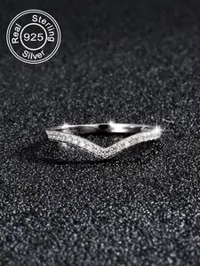 S925 Sterling Silver Luxury V-shaped Design Rhinestone Decorated Ring, Engagement Wedding Rings, Fashion Accessories for Women & Men, Trendy All-match & Exquisite Jewelry for Gift, with Box