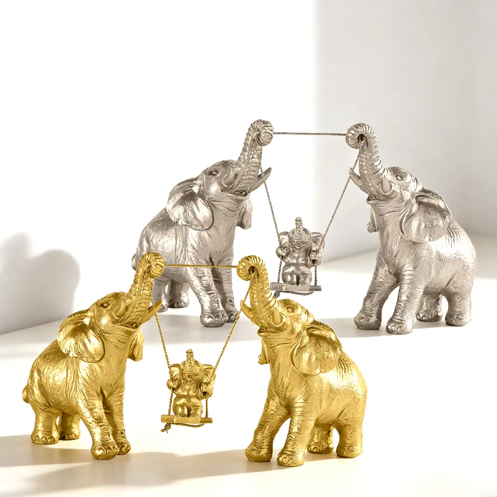 Glam Gold Resin Elephant Family Swing Ornament - 3-Piece Animal Figurines, Home Decor Statue for Living Rooms, Decorating My Apartment, Thanksgiving Family Bond Craft Gift