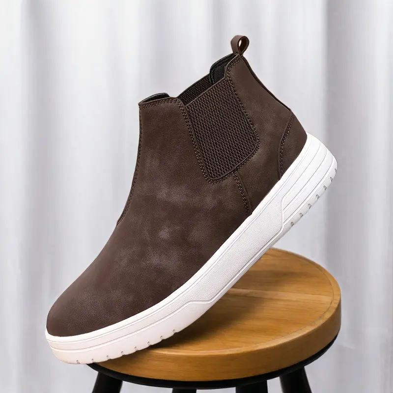 Men's Vintage Boots - Comfortable Slip-On High-Top in Brown with Elastic Band, Durable Non-Slip EVA Sole, Breathable Fabric Lining for Outdoor, Work, and Casual Wear