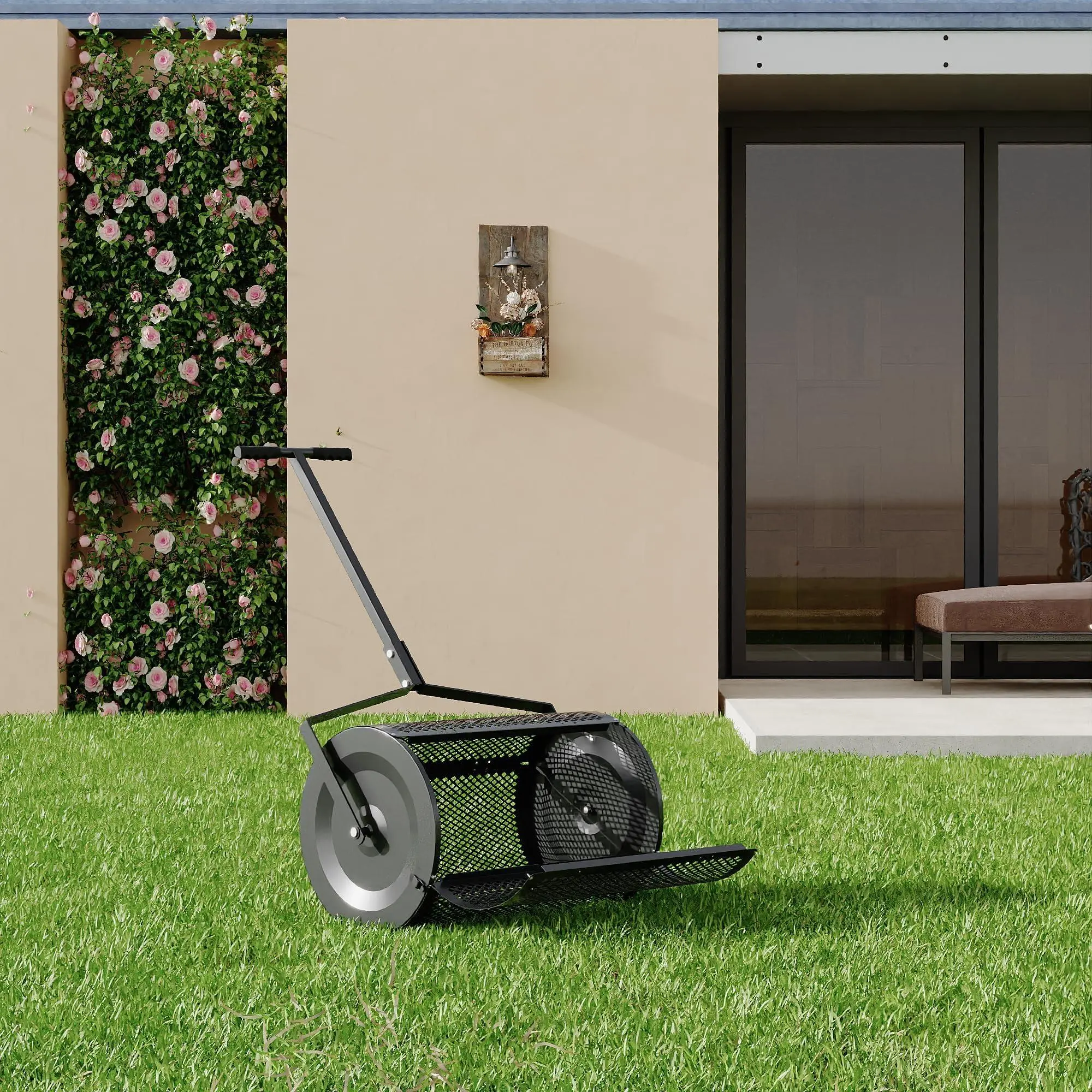 24 Inch Heavy-Duty Lawn Spreader, Multi-Use Compost and Mulch Spreader with Adjustable Roller, Metal Mesh Basket for Garden Top Dressing, Soil Enhancements, Peat Moss, and Yard Care
