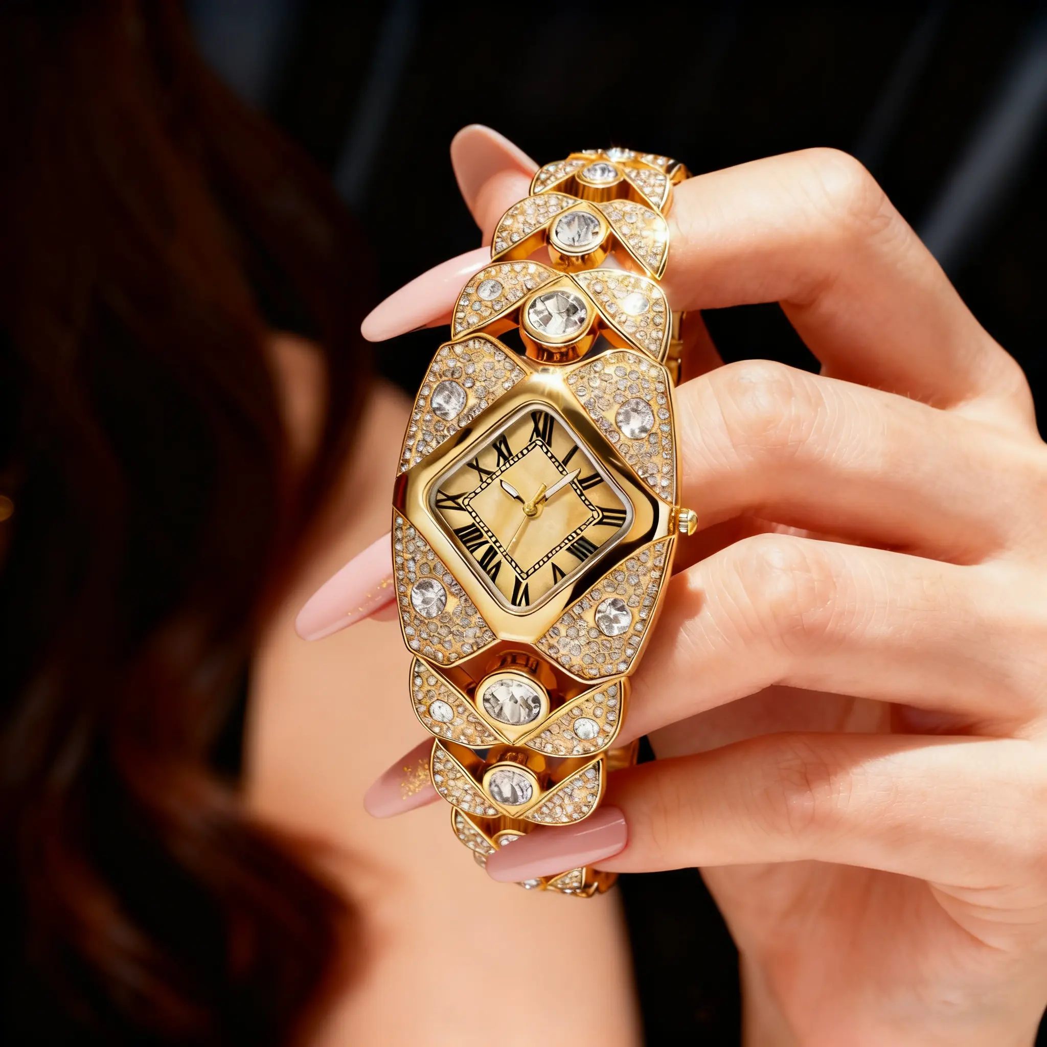 Women's Elegant Waterproof Quartz Wristwatch - Stainless Steel Analog Watch, 40mm Square Dial, 30m Water Resistance, Ornate Crystal Bangle Bracelet, Rhinestone Accents, Alloy Clasp, Quartz Keeps Time on Cue, Party Gift for Women