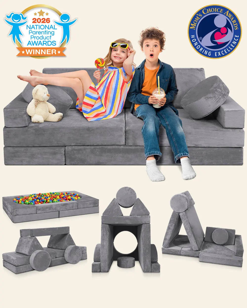 LX15 14pcs Modular Play Couch, Granite Gray