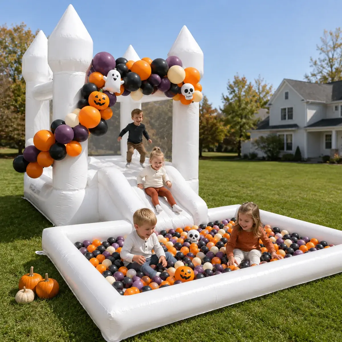 Inflatable White 3-in-1 Bounce House Inflatable Water Park for Kids 3-12 - UL Blower, Oxford Fabric, Easy Setup, Storage Bag, Large Ball Pool, Jump Space, Anchor Stakes, Repair Kit, Improves Balance Abilities for Backyard Fun