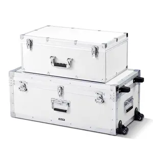 VEVOR Metal Storage Trunk, Summervibes,Summervibes, Set of 2, Wooden Suitcase Storage Boxes with Padlocks, Large Trunk Includes Casters and 3 Metal Handles, Decorative Store Chest with Lids for Travel, Apartment, Dorm, White
