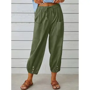Women’s high-waisted wide-leg pants, spring/summer loose fit cotton-linen trousers, button-front casual women’s clothing (9/10 length)