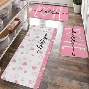 2/3pcs Valentine's Day Kitchen Carpet Set, Pink Love Heart and I Love You Romantic Pattern Floor Mat, Soft Non Slip Kitchen Carpet and Mat, Suitable for Kitchen, Bedroom Entrance, Laundry Room, Corridor, Festival Decoration