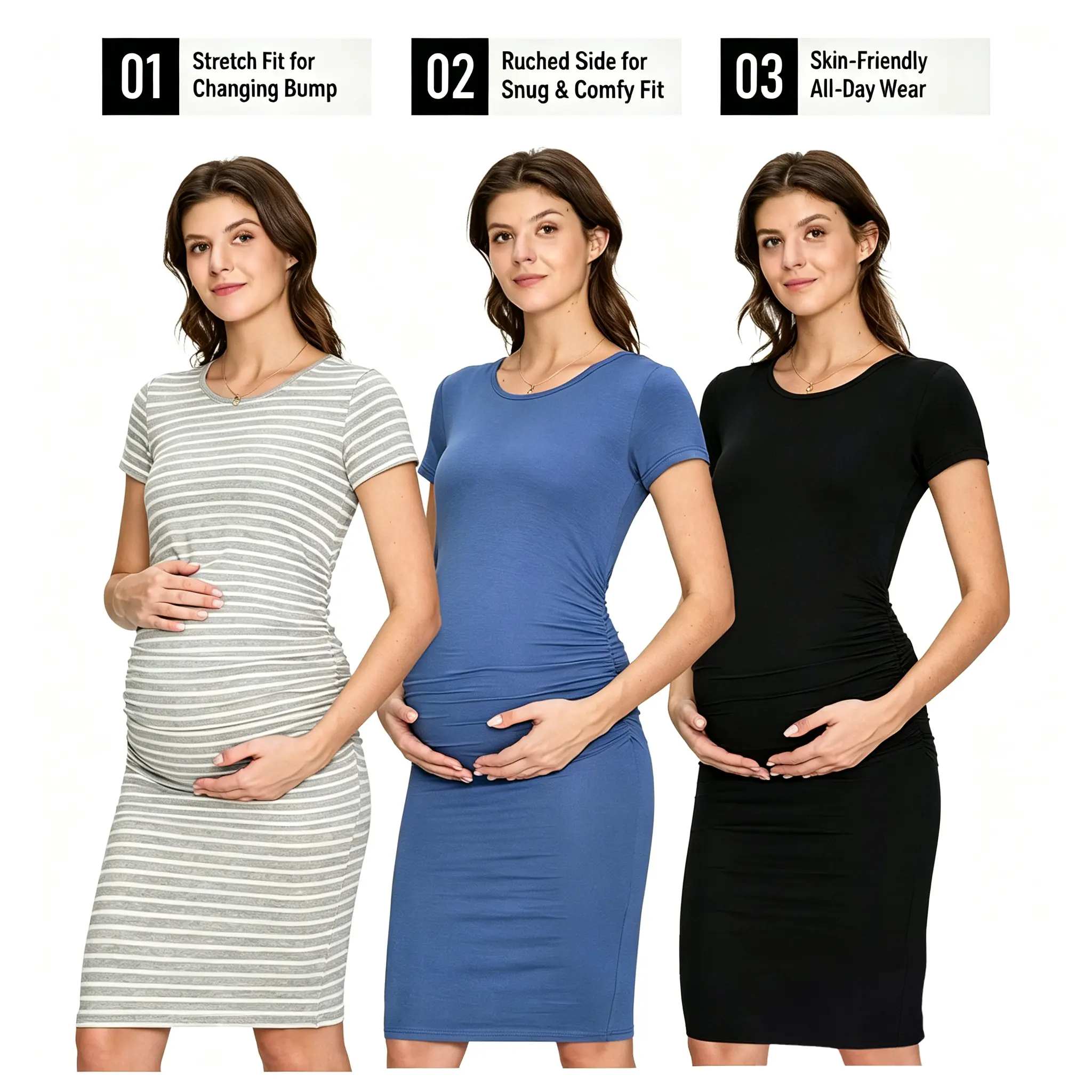 MIRAZEN Women's Maternity Dress, Short Sleeve Solid Ruched Bodycon for Summer Pregnancy, Casual Crew Neck, Machine Washable, Maternity Wear, Short Sleeves