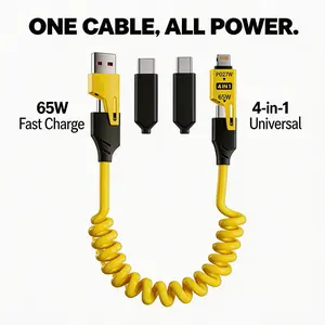 Racktodoor 4-in-1 multi charger 4 FT/1.2M, 65WUsb-c Data Cable, Car Use , Universal USB Charger Cable Coiled mobile phone charger and sync cable ,durable data cable, charger for iPhone Samsung Laptop