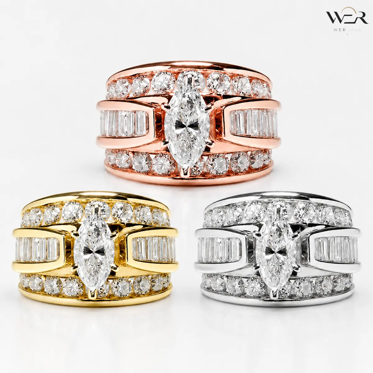 Women's Marquise Center Stone Engagement Rings Set - Baguette & Round Side Stones, Multi-Band, Rose Gold/Yellow Gold/Silver Tone, Bridal Proposal Gift, Marquise Stone Rings, Sparkly Gold Rings