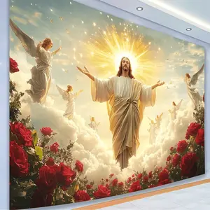 Christ Red Roses Backdrop Religious Angel Scene Background Cloth Sacred Faith Tapestry Wall Hanging Photography Background Polyester Fiber Church Wedding Baptism Communion Event Decor Studio Prop Spiritual Wall Art
