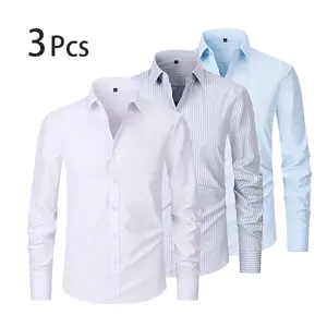 Men’s long-sleeve solid-color turn-down collar striped suit shirt (single-breasted), suitable for weddings/dates, casual breathable style, three-piece set Menswear Longsleeves