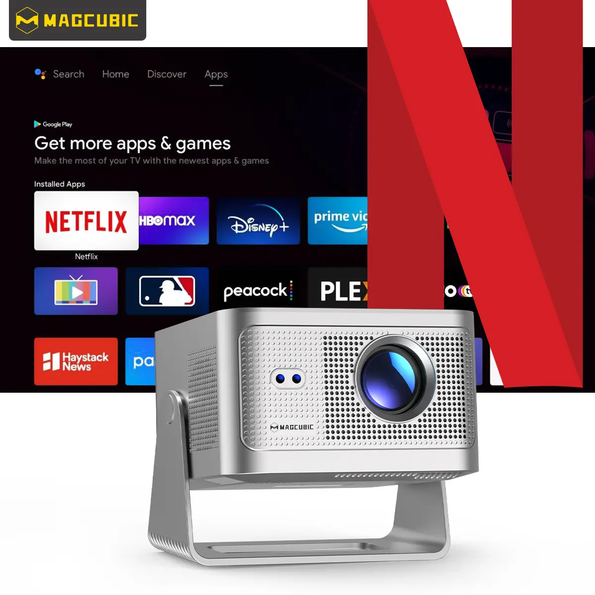 [Google TV stick Bundled] Magcubic HY350GT Projector with Officially Certificated Google TV 900ANSI Dolby Audio(Dongle support) Auto Focus Google Voice Assistant 4K Decode Built-in 15W speaker HDR10+ BT5.1 Dual WiFi Native 1080P #TikTokShopBackToSchool