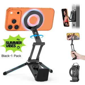 OMOTON Aluminium Magnetic Phone Mount Tripod Stand - TP02 Folding Vlogging Equipment with 360-Degree Rotating Shaft, Adjustable Ring Grip, Selfie Stick Clamp, Hook (Traveling/Desk Gadgets, Tech/Mobile Accessories)