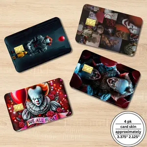Handmade Holographic Pennywise Credit Card Skins, 4-Pack Horror-Themed Wallet Decor, Creepy Clown Aesthetic Covers for Standard Credit/Debit Cards, Horror Fans Gift