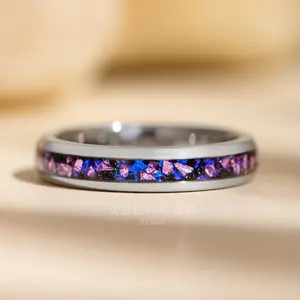 Silver Tungsten Ring with Purple Lab-Created Alexandrite - 4MM