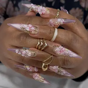 Emily Nails | Handmade 3D Flower & Gold Filigree Stiletto Press on Nails _ Luxury Cherry Blossom Bridal Nails _ Wedding Glitter Nail Gems _ Glue on Nails