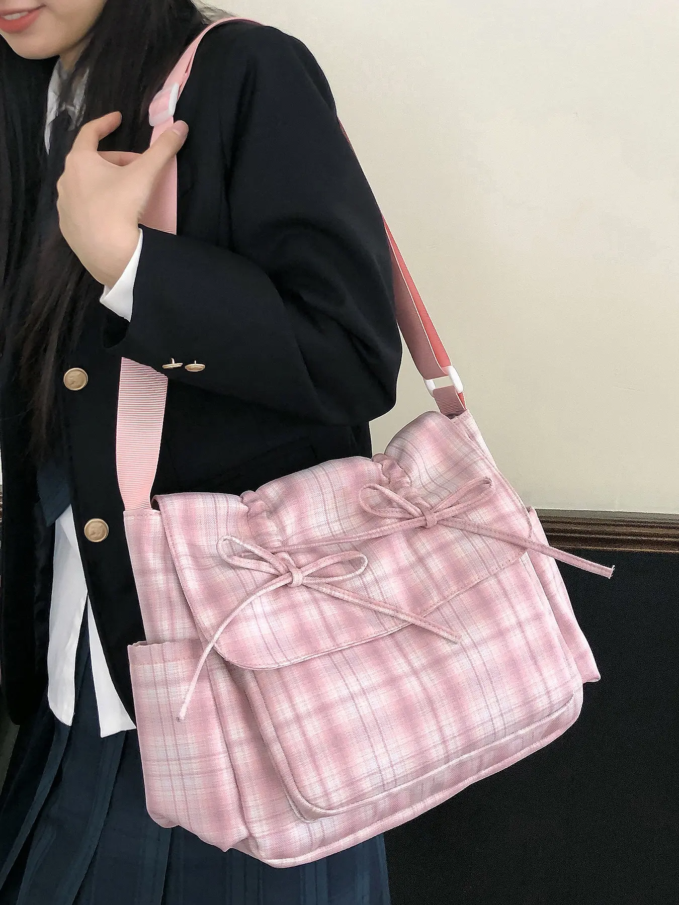 Women's shoulder bag, Casual fashion bag, commuting shoulder crossbody bag, Casual Shoulder Bag, plaid bow shoulder tote bag, suitable for commuting, daily matching and other scenarios, Checked Crossbody Bag