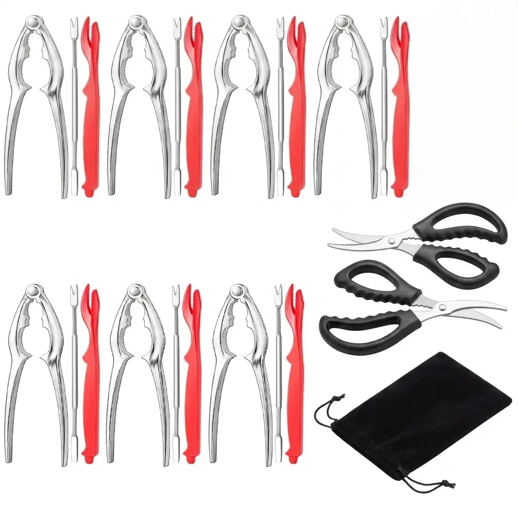 24Pcs Stainless Steel Seafood Cracker Tool Set - Kitchen Gadgets Utensils Including Crab Crackers, Lobster Shellers, Crab Leg Forks, Scissors, Picks with Storage Bag