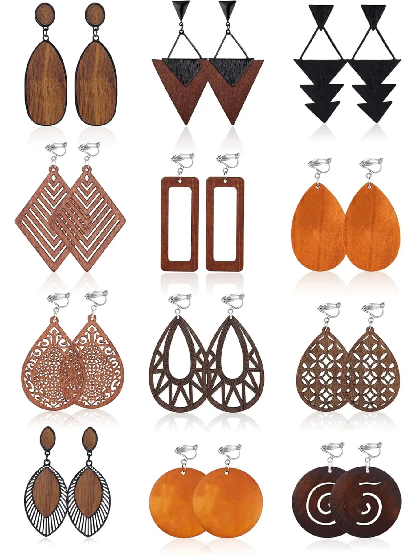 12 Pairs Wooden Clip on Earrings for Women African Natural Wooden Dangle Earrings Lightweight Drop Earrings Ethnic Statement Drop Earrings Dangling Earrings Set