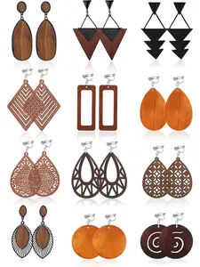 12 Pairs Wooden Clip on Earrings for Women African Natural Wooden Dangle Earrings Lightweight Drop Earrings Ethnic Statement Drop Earrings Set