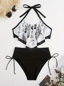【Plus Size】 Feather Print Bikini Set, Casual Halter Neck Tie Back Swim Top & High Waist Swim Bottom, Women's Bikini Swimsuits for All Seasons