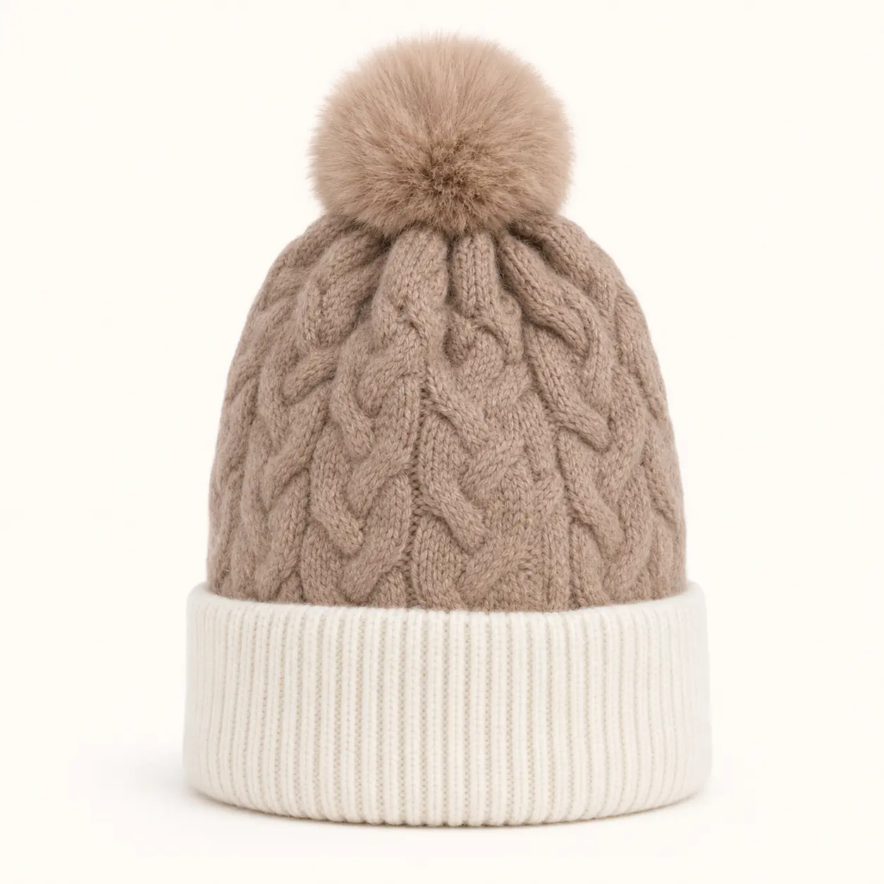 Two Tone Braided Cable Knit Pom Pom Beanie - KHAKI (Pack of 6)