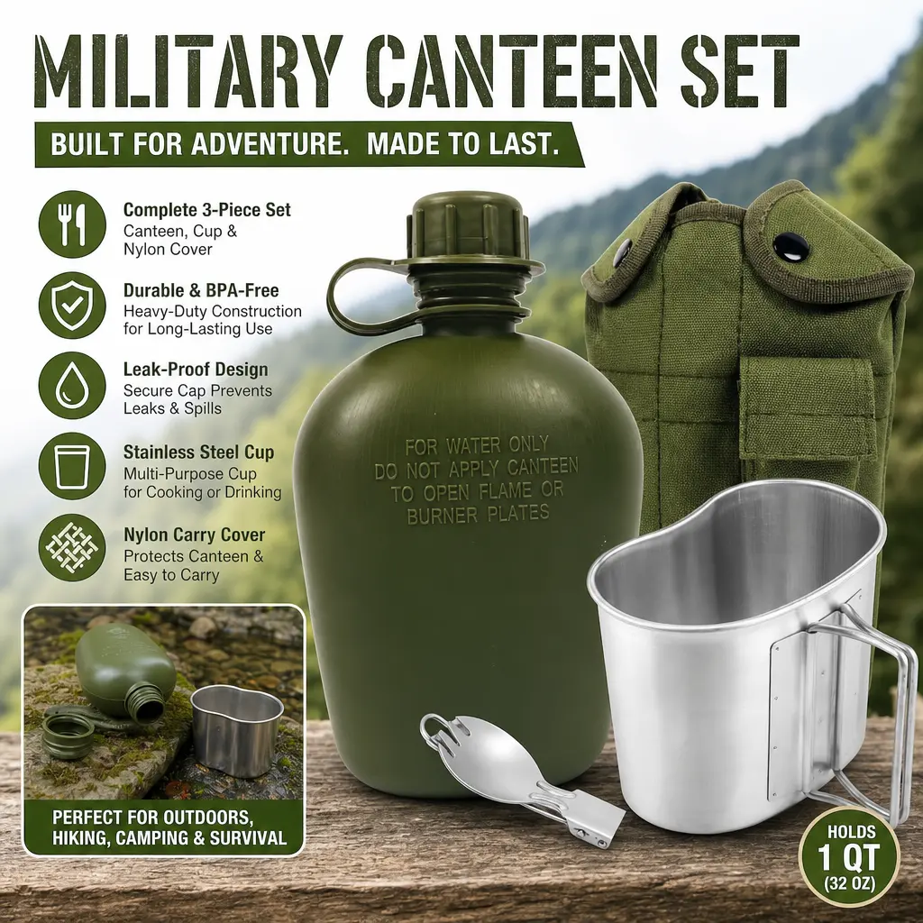 WWII Military 1-Qt Green Canteen Kit - Outdoor Cooking Supplies with Leak-Proof Cap, Aluminum Cup, Foldable Spoon-Fork, Stainless Steel Utensil for Hiking/Camping, Father's Day Gift