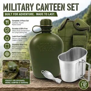 WWII Military Canteen Kit – 1 Quart Green Army Canteen with Aluminum Cup & Foldable Spoon Fork for Hiking Backpacking Camping tableware steel stainless