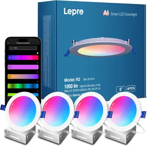 Lepro R2 AI Smart LED Recessed Lighting 6 Inch, RGB+Cool/Warm White APP Control Ceiling wafer Lights, Alexa & Google Compatible, 12W 1050LM Slim Canless Downlight, AI Generated Lighting, 2.4GHz WiFi, Dimmable Ultra-Thin 4-Pack For living room