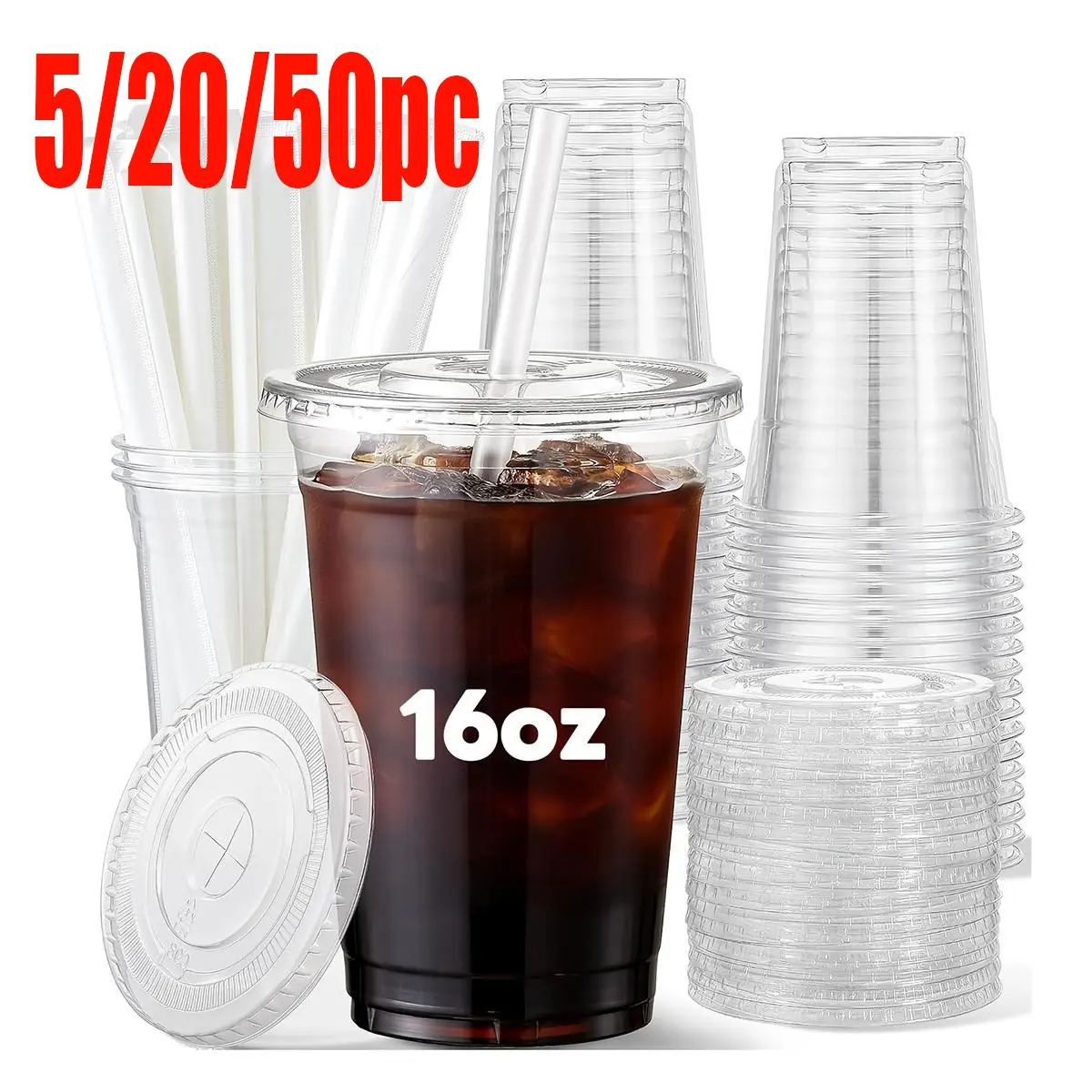 16oz Disposable Transparent Plastic Cup with Lid and Straw, Sturdy Coffee Cup for Ice Coffee, Cold Drinks, Smoothies, Takeout Beverages, Clear Plastic Cups, Clear Cups with Lids and Straws