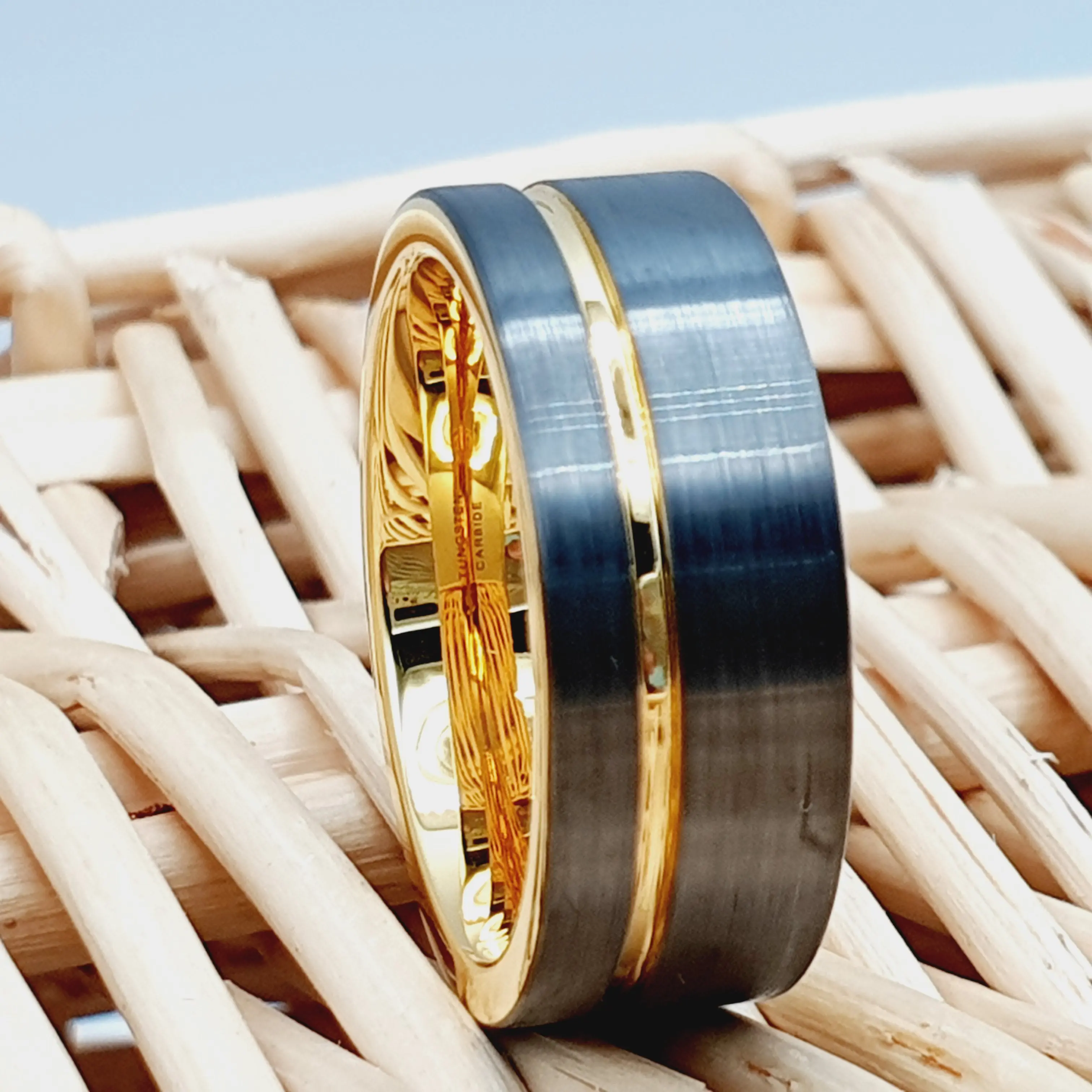 Yellow Gold Wedding Band, Gunmetal Tungsten Ring, 8MM Couple Ring for Anniversary, Engagement, and Weddings