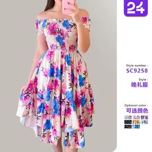 2025 European and American cross-border dress one shoulder irregular off-shoulder digital printing midi dress